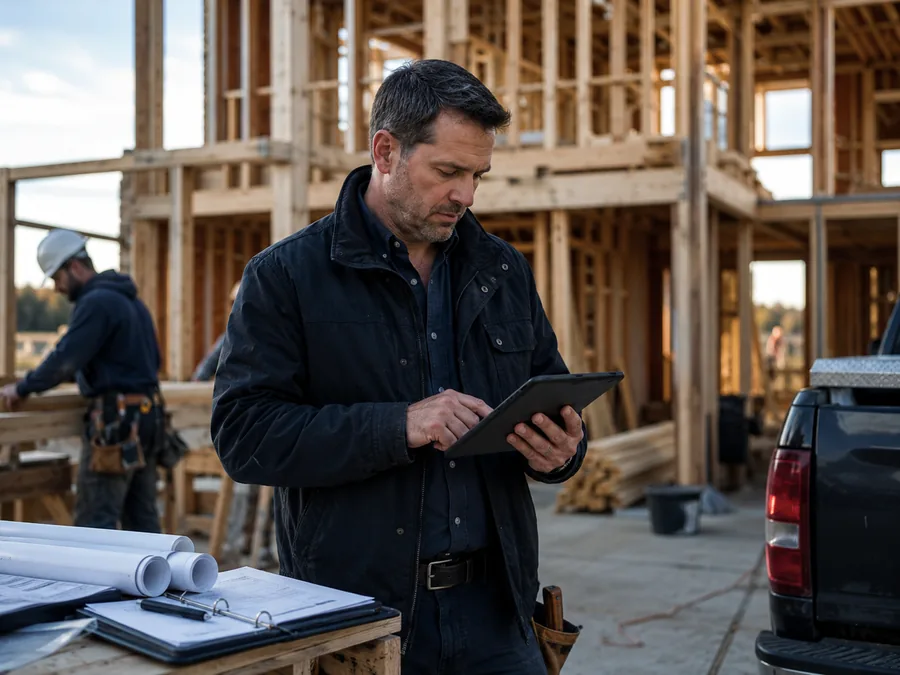 A construction business owner reviewing project information on a tablet at an active building site.