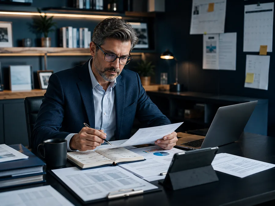 A professional-services business owner reviewing client documents and operational information.