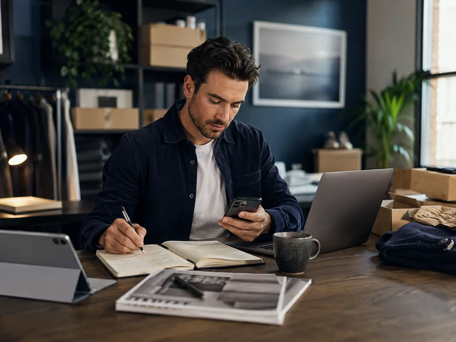 A solopreneur managing orders, notes and business communication from a working studio.