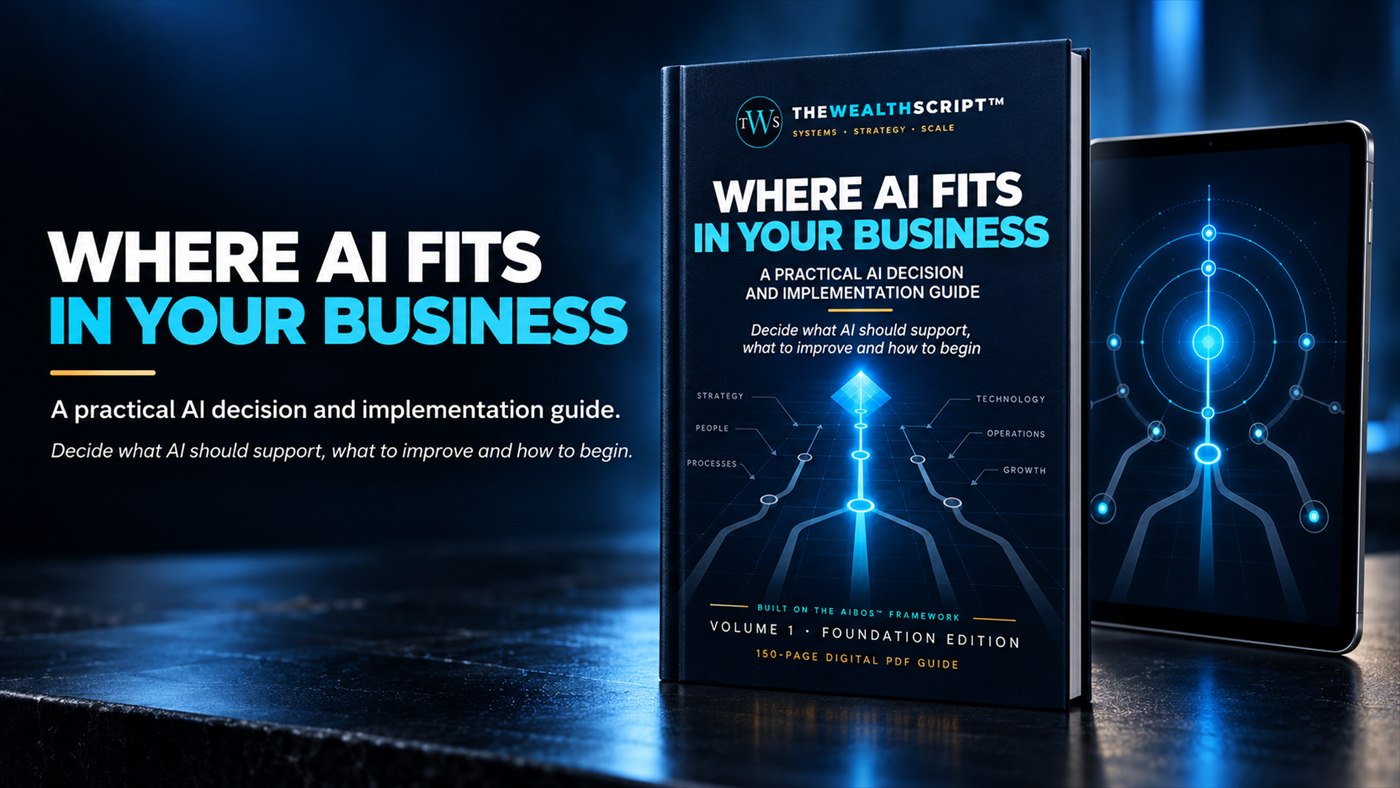 The AI Business Operating System Volume 1 product cover and digital device mockup.